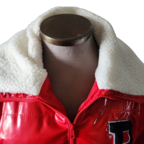 VARSITY STYLE PUFFER ☆ RED FAUX PATENT LEATHER ☆ SHERPA ☆ JACKET ☆ 2x ☆ NWT - Picture 3 of 7